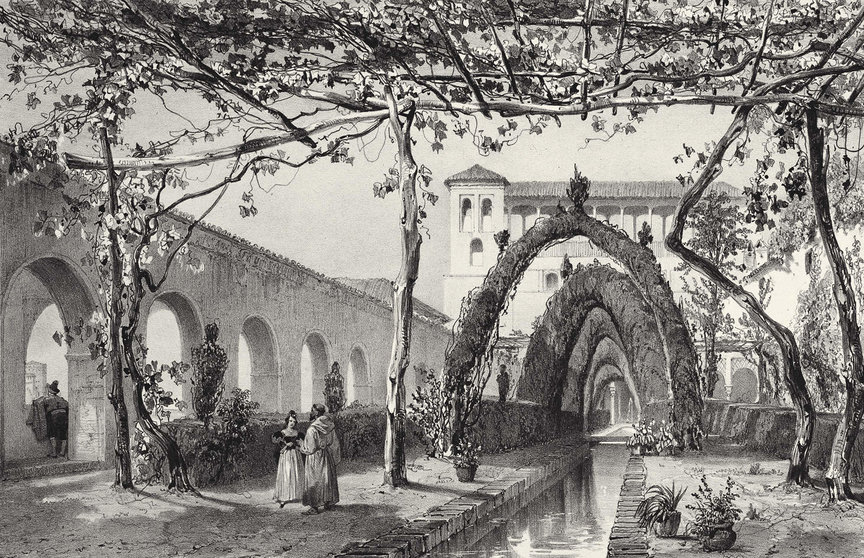 Un grabado romántico del Patio de la Acequia, de Girault De Prangey, Año 1836 (Imagen cedida por José Tito Rojo)