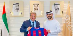 El jeque Mansour bin Mohammed y Laporta durante un encuentro en 2023. (WAM)