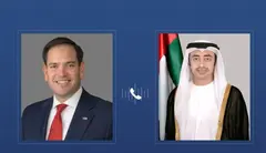 El  viceprimer ministro y ministro de Asuntos Exteriores de EAU, y el secretario de Estado de EEUU. (WAM)