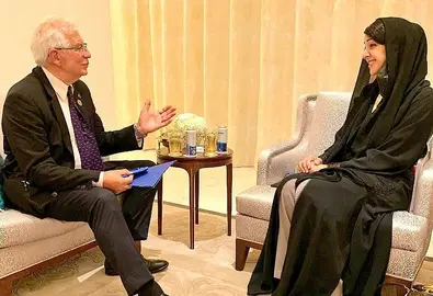 Josep Borrell, durante su encuentro con la ministra de Estado de Cooperación Internacional y directora general de Expo 2020 Dubai, Reem Al Hashimy. (@JosepBorrellF)