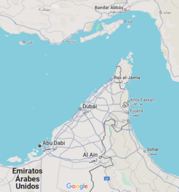 Situaci&oacute;n geogr&aacute;fica del estrecho de Ormuz, a solo 100 kil&oacute;metros de Ras al Khaimah y a 200 de Dubai. (Google Maps)