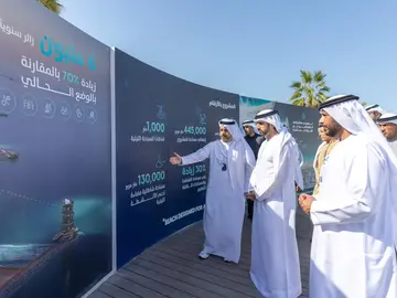 El pr&iacute;ncipe heredero de Dubai ante la maqueta del proyecto en Umm Suqueim. (Dubai Media Office)