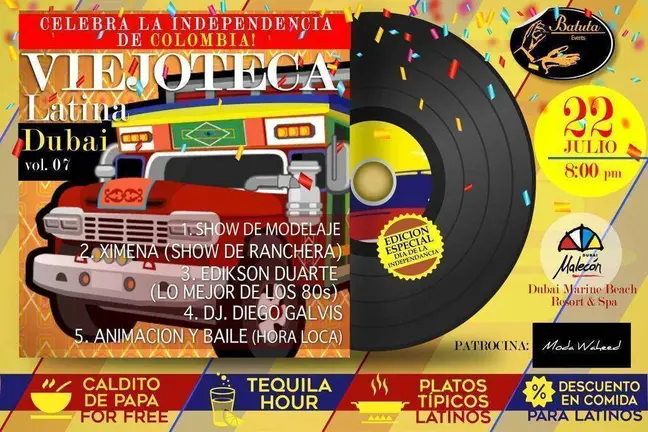 Flyer de la Viejoteca Latina dedicada al Día de la Independencia de Colombia.