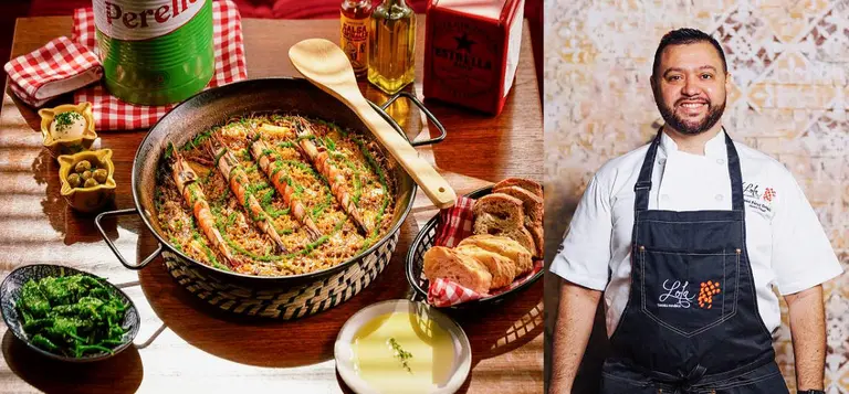 El chef de Lola Taberna, el jerezano Daniel Pérez Delgado, junto a una de sus espectaculares paellas. (Cedida)