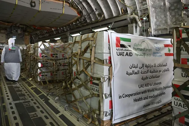 Carga de ayuda emirat&iacute; en un avi&oacute;n. (WAM)