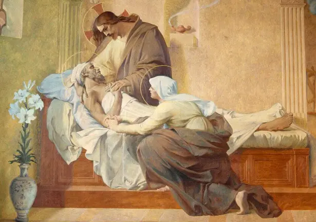 Detalle del mural del fallecimiento de San José pintado por Henri Pinta que se encuentra en la iglesia francesa de San Francisco Javier de las Misiones Extranjeras en París.