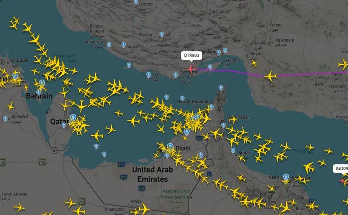 Captura de pantalla del Estrecho de Ormuz de la web Fligthradar24.