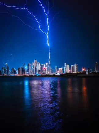 Los rel&aacute;mpagos sobre el Burj Khalifa. (Dubai Media Office)