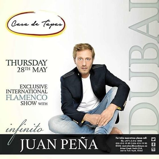 Flyer anunciador del concierto de Juan Peña en Casa de Tapas en Dubai.
