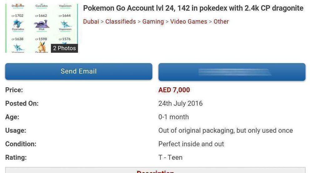 Un anuncio de venta de una cuenta de Pokémon Go en el portal Dubizzle.