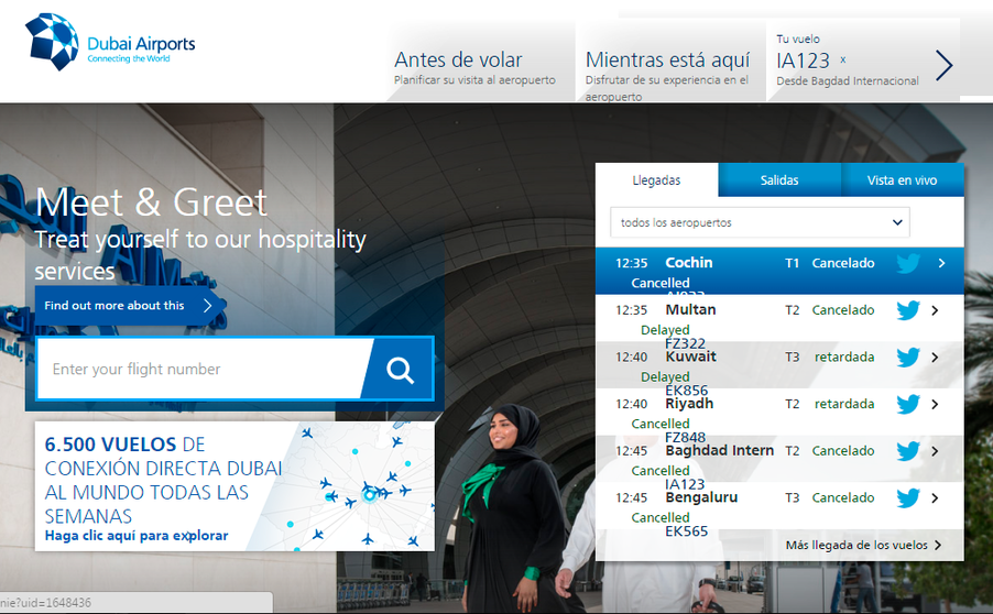 La página web de Aeropuertos de Dubai muestra los retrasos y cancelaciones de vuelos.