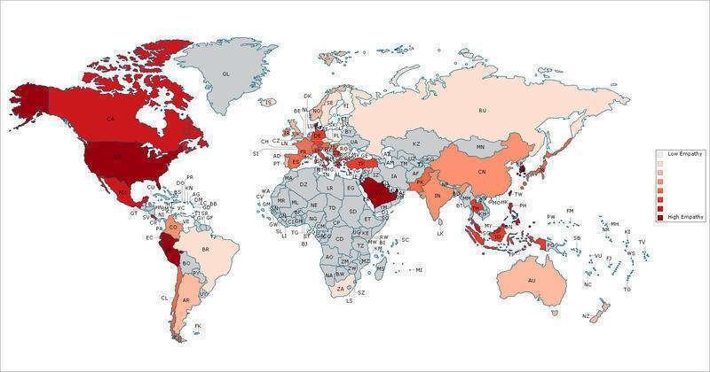 Los países más empáticos señalados en color rojo oscuro.