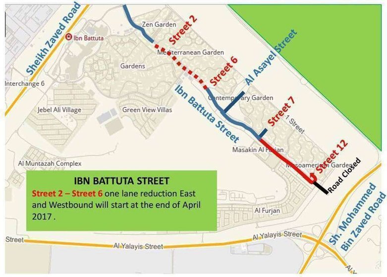 La calle Ibn Battuta Street estará cortada al tráfico en el tramo que discurre entre la intersección 2 y la 6. (RTA)