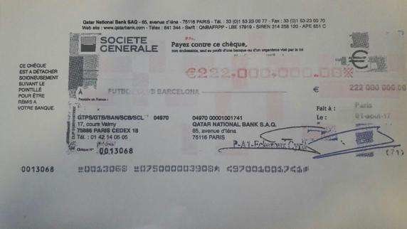 Este es el podría ser el cheque que los abogados de Neymar entregaron al Barça (Twitter)