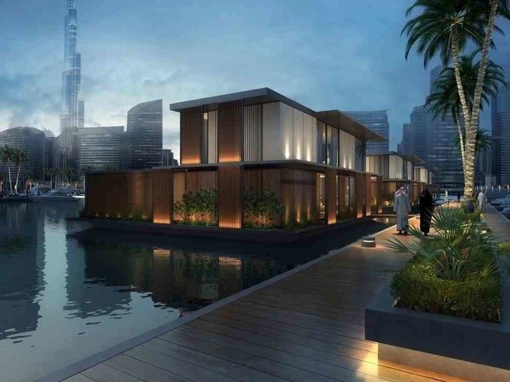 Una interpretación artística de las "casas flotantes" en el desarrollo de Marasi Business Bay en Dubai.