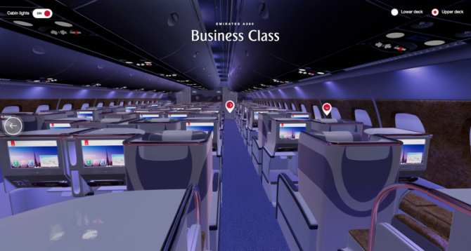 Experiencia de realidad virtual a bordo del modelo A380 de la compañía Emirates. 