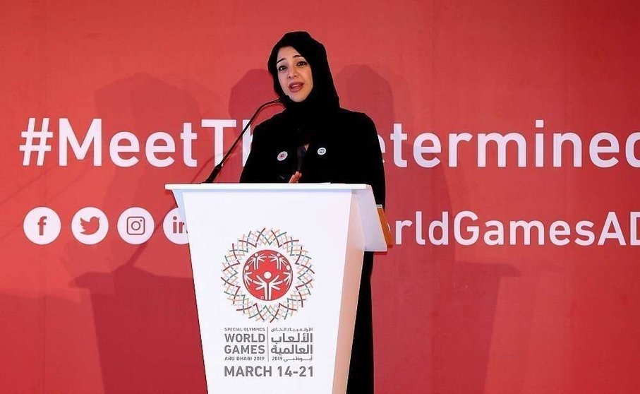 Reem bint Ibrahim Al Hashemy, ministra de Estado para la Cooperación Internacional, en un evento organizado por la organización de las Olimpiadas Especiales Abu Dhabi 2019. (WAM)