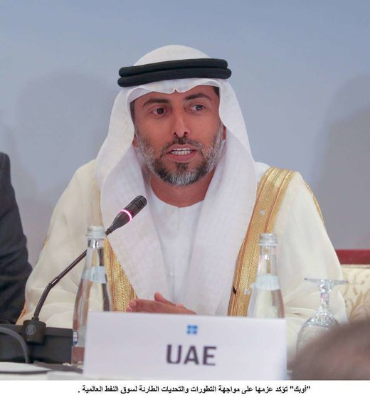 El ministro emiratí de Energía e Industria, Suhail bin Mohammed Faraj Faris Al Mazrouei. interviene ante los medios tras una reunión. (WAM)