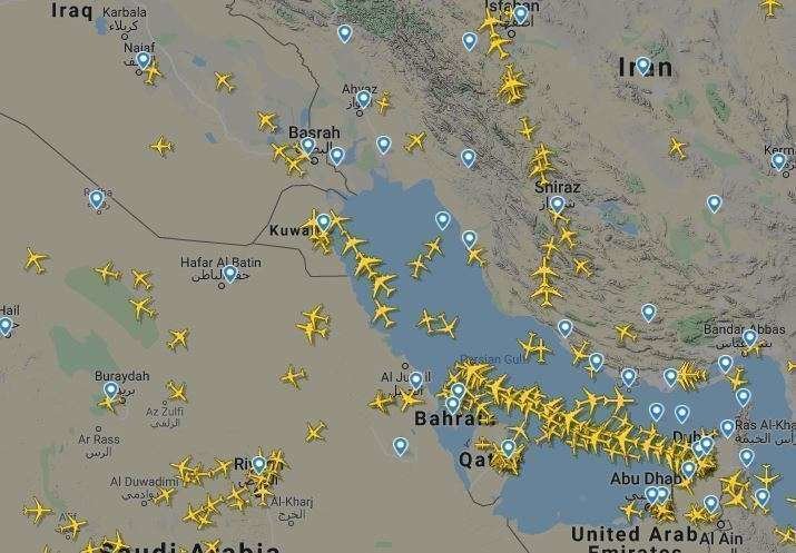 Una captura de pantalla de la web Flightradar24 del 8-1-2020 sobre el Golfo Arábigo.