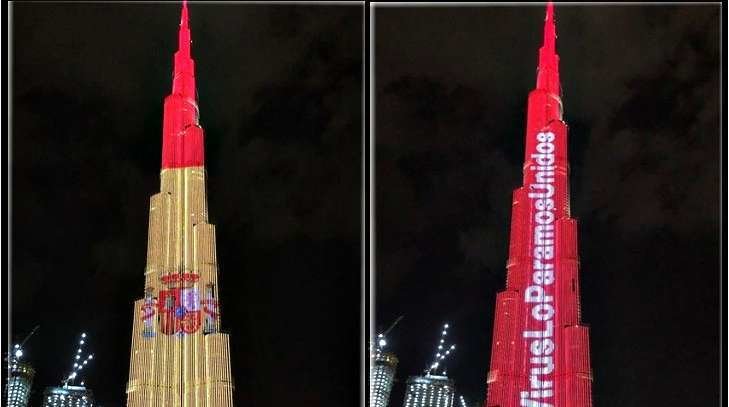 El Burj Khalifa con los colores de España y con el mensaje de apoyo a los sanitarios. (EL CORREO).