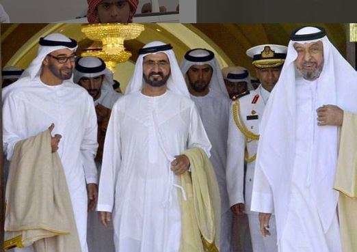 De izquierda a derecha, el príncipe heredero de Abu Dhabi, el gobernante de Dubai y el presidente de Emiratos Árabes Unidos.
