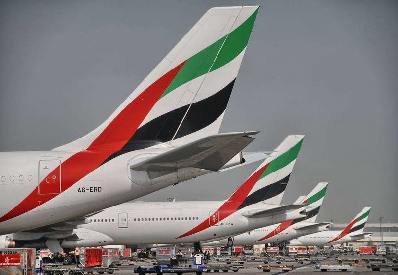 Aviones de fuselaje ancho de Emirates en el Aeropuerto Internacional de Dubai. (WAM)