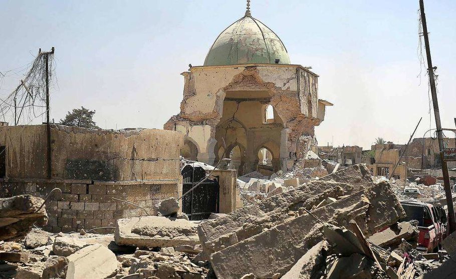 Estado en el que quedó la histórica mezquita de Al Nuri, la mayor de Mosul, como consecuencia de la guerra. (WAM)