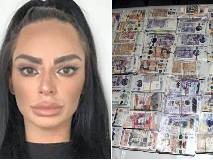 La joven británica junto a parte del dinero confiscado. (Fuente externa)