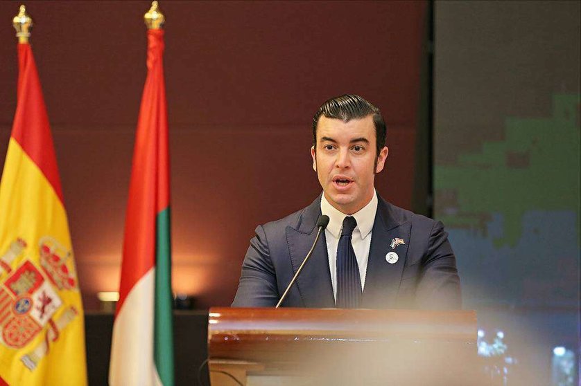 Guillermo Cobelo, durante su intervención en el transcurso de la celebración del Día Nacional de España en Emiratos Árabes Unidos. (EL CORREO)