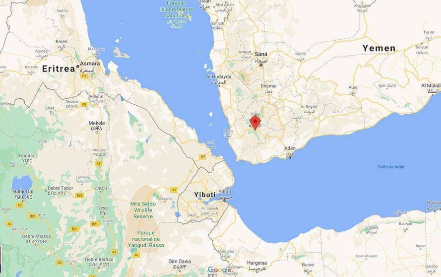 Localización de Taíz en el centro de Yemen. (Google Maps)