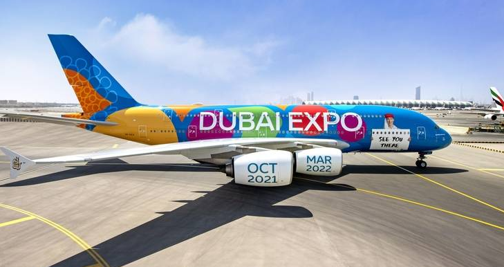 El A380 de Emirates personalizado para la Expo 2020 Dubai. (Twitter)