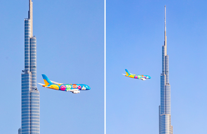 Una imagen combinada muestra el A380 de Emirates volando por el Burj Khalifa. (dubai.uae.dxb)