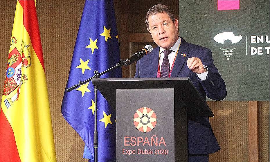 Emiliano García-Page, durante su intervención en el Pabellón España de Expo 2020 Dubai en el día dedicado a Castilla-La Mancha. (EL CORREO)