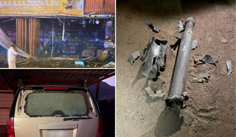 Un taller resulta dañado después de que un proyectil golpeara Samtah (arriba a la izquierda), el vehículo dañado en una aldea vecina de Najran y los restos del proyectil en Najran (derecha). (SPA)