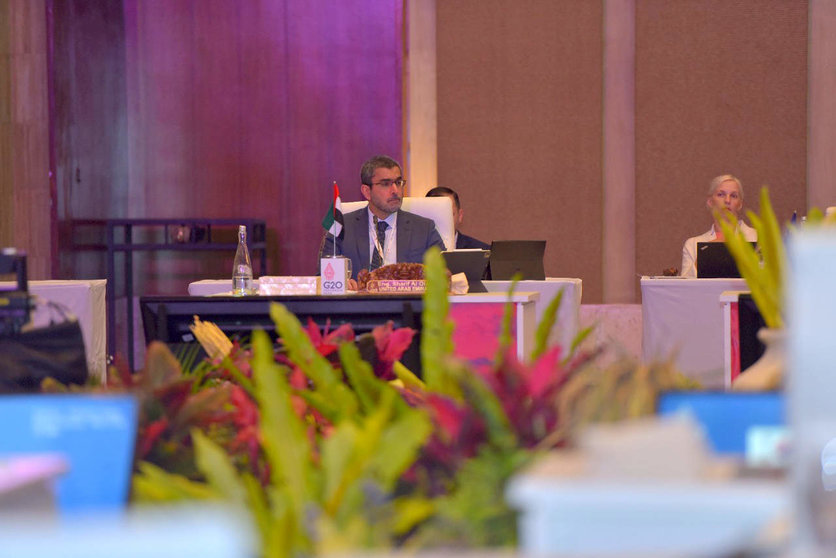 El subsecretario de Asuntos de Energía y Petróleo del Ministerio de Energía e Infraestructura de los EAU, Sharif Salim Al-Olama, habla en la Reunión Ministerial de Transiciones Energéticas del G20. (WAM)