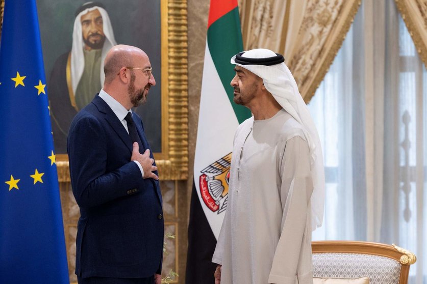 el presidente de Emiratos y el presidente del Consejo Europeo en Abu Dhabi. (WAM)
