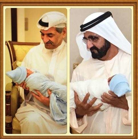 El jeque de Fujairah y el gobernador de Dubai con su nuevo nieto.