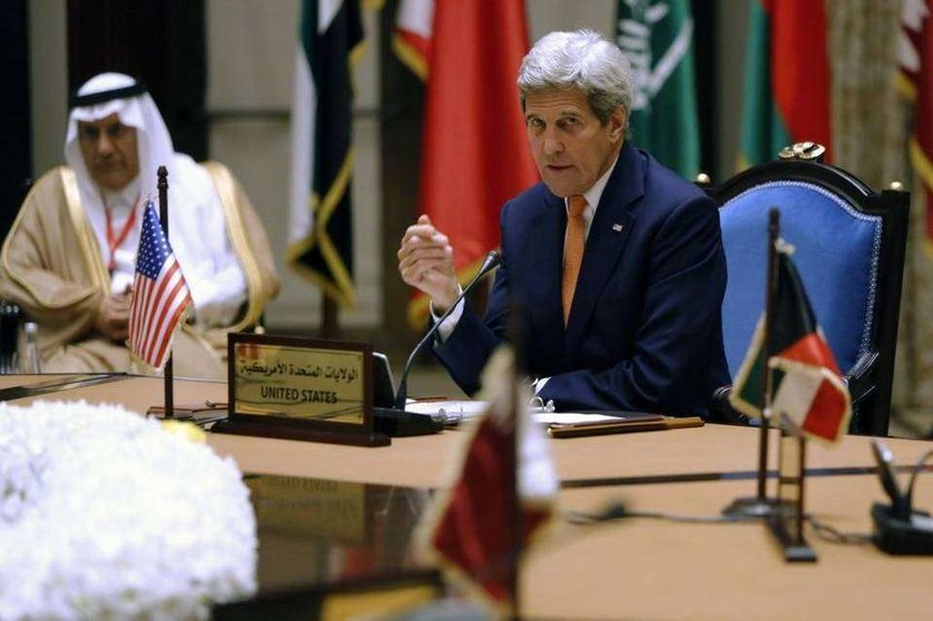 El secretario de Estado de Estados Unidos durante su comparecencia en Baréin.