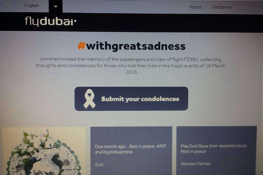 Captura de pantalla de la página web de FlyDubai en memoria de las víctimas del FZ981.