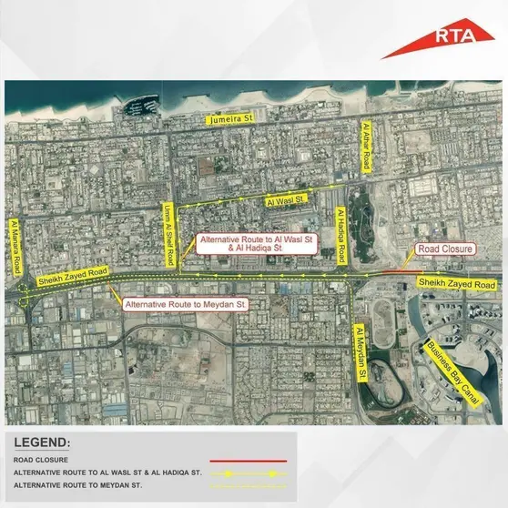 Imagen facilitada por la RTA de Dubai de los cortes en SZR.
