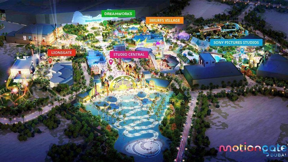Vista aérea de la recreación virtual de Motiongate, uno de los parques de Dubai Park and Resorts.