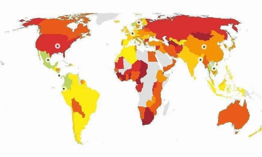 Los países menos felices en color rojo los más en verde.