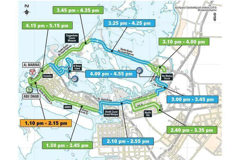 Mapa con el recorrido y el horario de la segunda etapa del Abu Dhabi Tour, que tendrá lugar el viernes 21. (Abu Dhabi Tour)