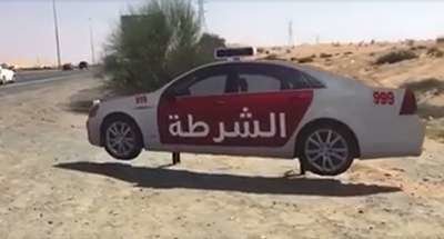 El coche policial de cartón, en una imagen del vídeo publicado en Facebook.