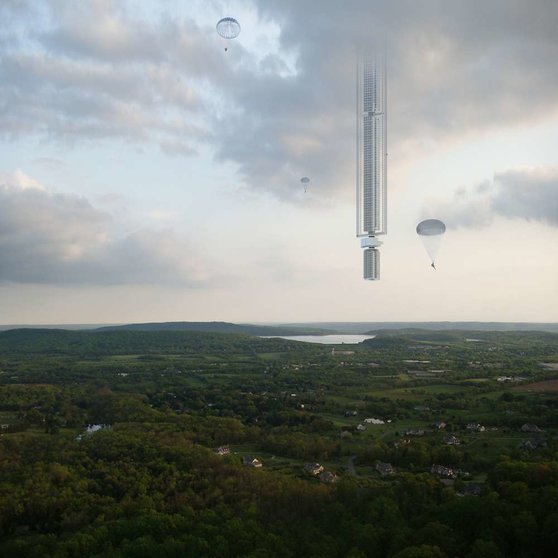 La Torre Analemma estaría suspendida en el aire, sujeta a un asteroide. (Clouds Arquitecture)