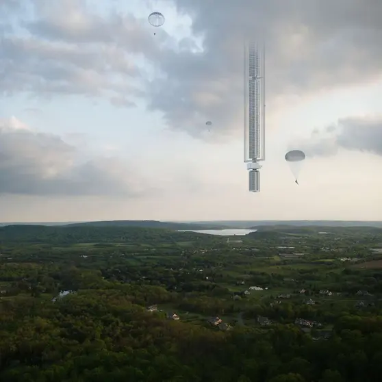 La Torre Analemma estaría suspendida en el aire, sujeta a un asteroide. (Clouds Arquitecture)