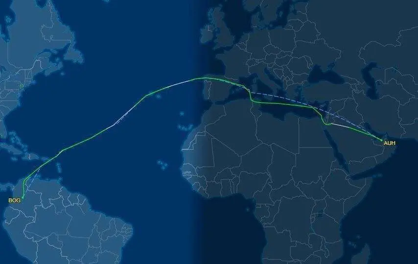 Ruta del recorrido del avión de Avianca en el portal de seguimiento de vuelos Flightaware.