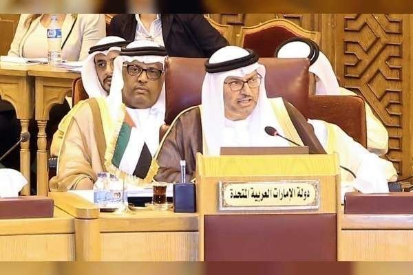 El ministro de Relaciones Exteriores de Emiratos, Anwar Gargash, durante su intervención en la reunión de la Liga Árabe.