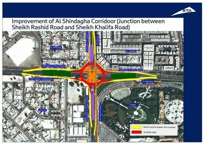 Desvíos habilitados en el cruce entre Sheikh Khalifa y Sheikh Rashid. (RTA)