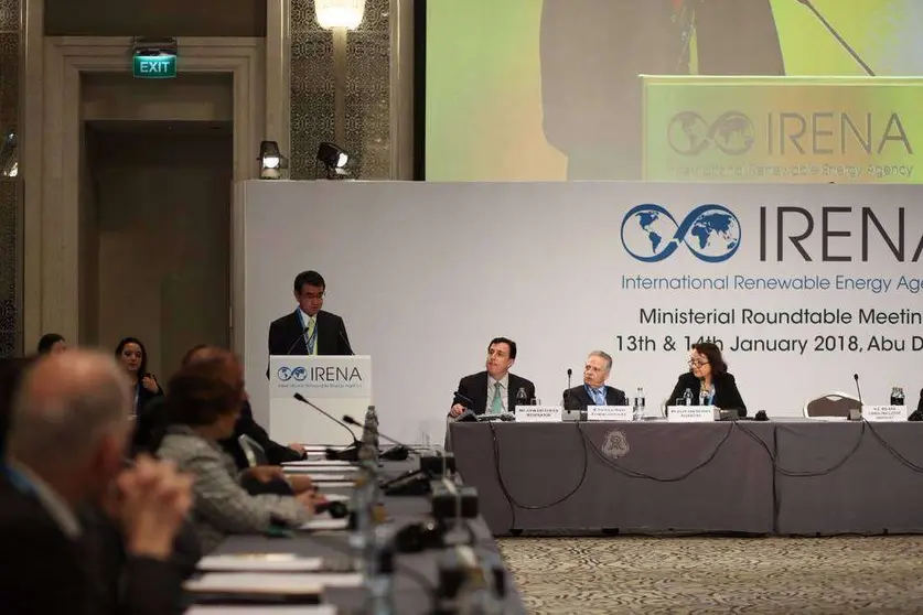El ministro de Asuntos Exteriores de Jaón, Taro Kono, durante su intervención en la VIII Asamblea de la Agencia Internacional de Energías Renovables. (IRENA)